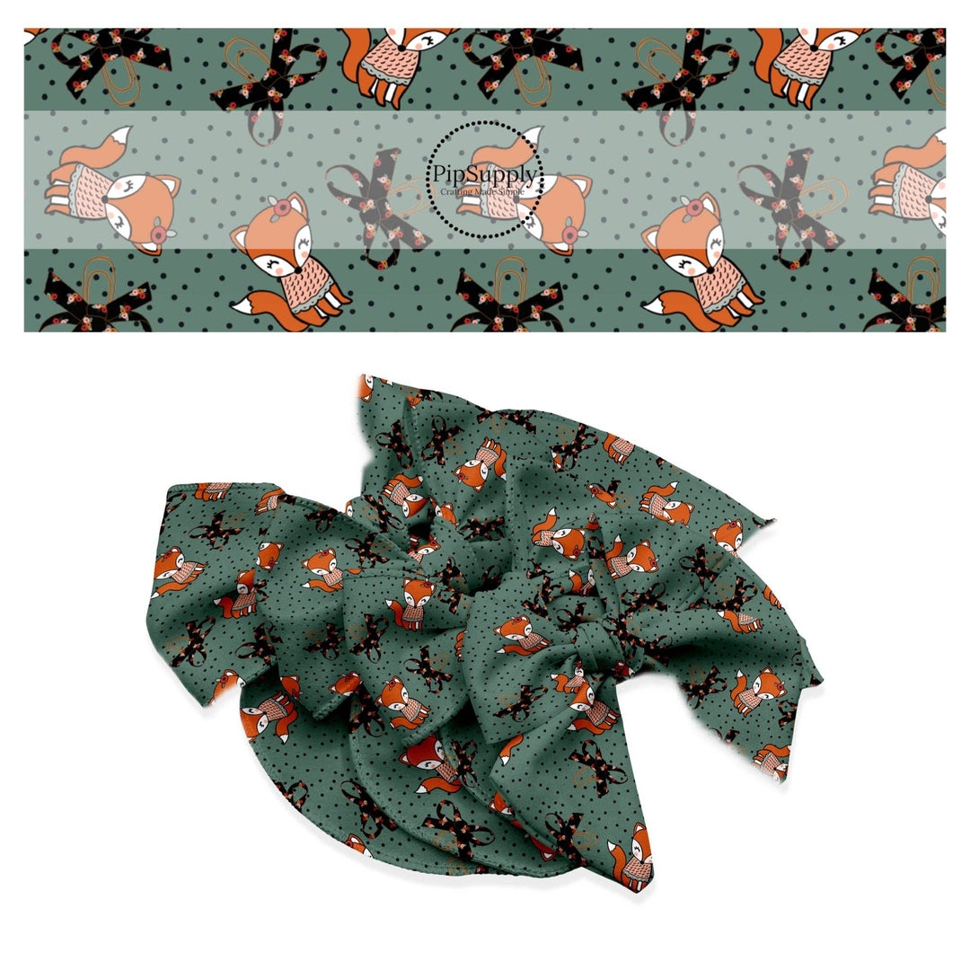Bows, Dots, and Foxes on Teal Hair Bow Strips