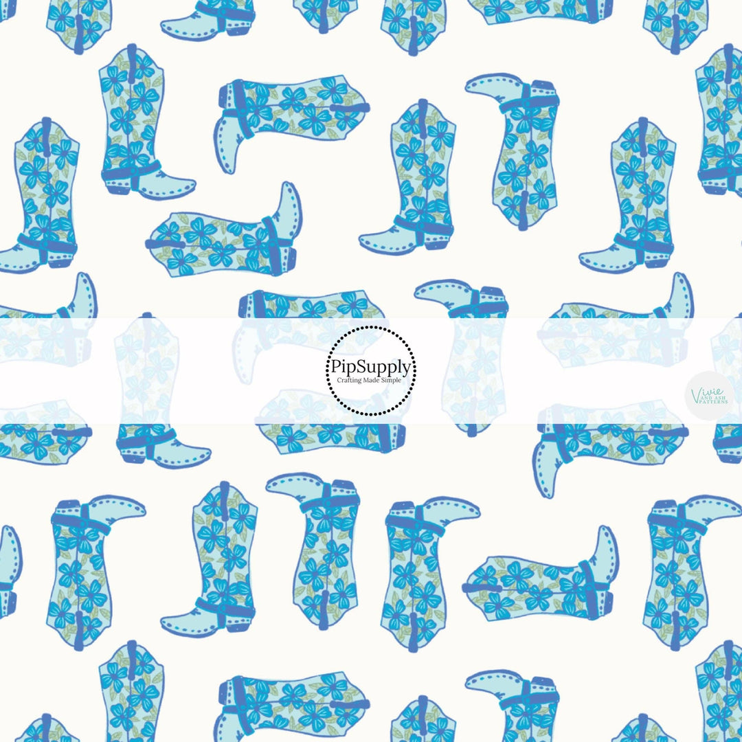 Blue Rosette Cowgirl Boots Fabric By The Yard