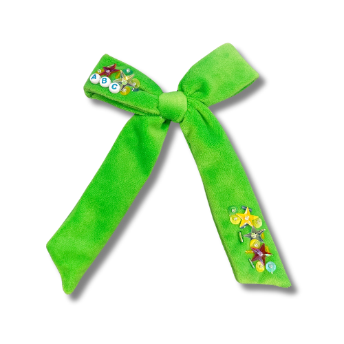 School Velvet Multi Sequin Long Tail Hair Bow - TIED w/Clip -READY TO SHIP