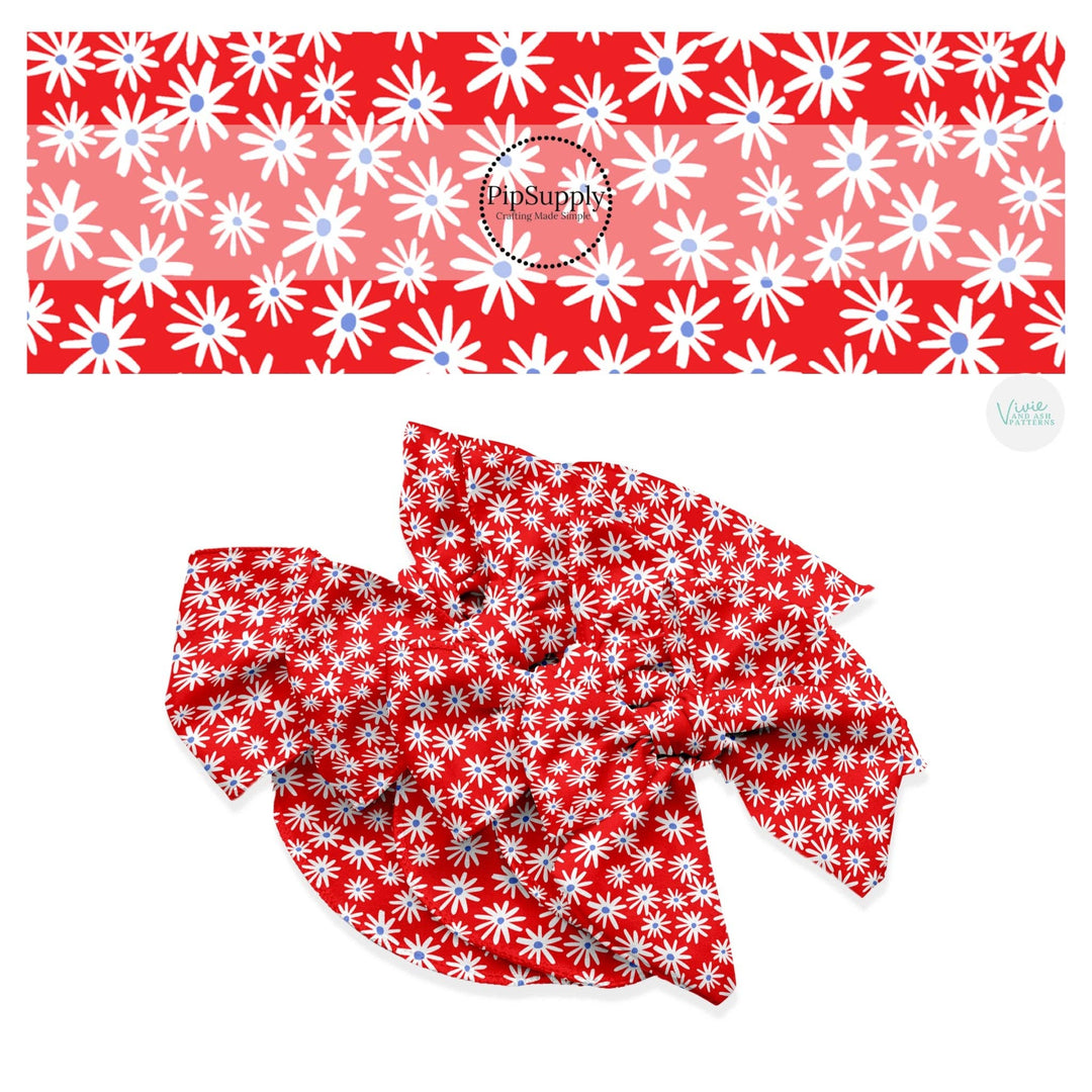 Cherry Red Daisies Hair Bow Strips