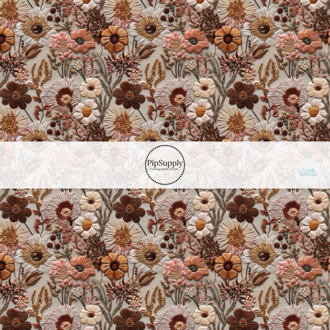 Autumnal Flowers Neutrals Embroidered Hair Bow Strips