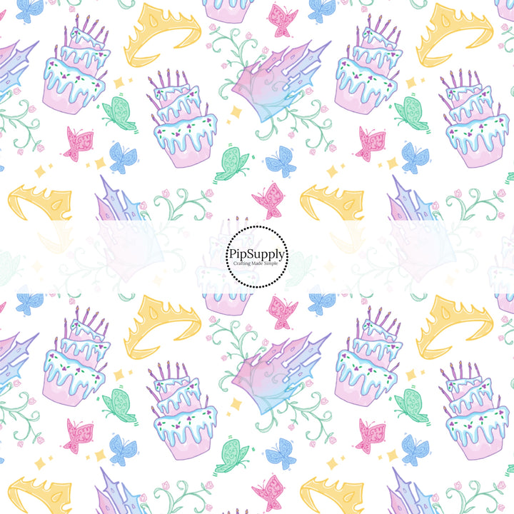 These magical princess themed no sew bow strips can be easily tied and attached to a clip for a finished hair bow. These bow strips are great for personal use or to sell. These bow strips feature the following design elements: crowns, butterflies, and birthday cakes.