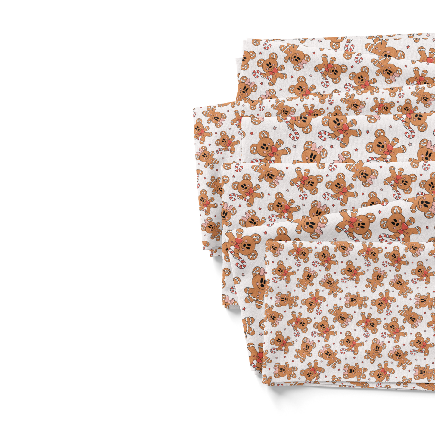 Mouse Gingerbread Man with stars and candy canes on light pink fabric swatches.