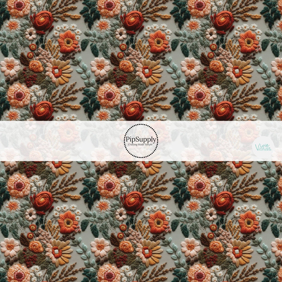 Autumnal Flowers Orange Embroidered Hair Bow Strips