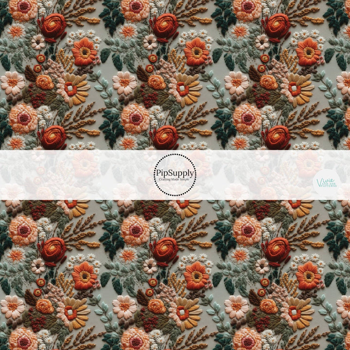 Autumnal Flowers Orange Embroidered Hair Bow Strips