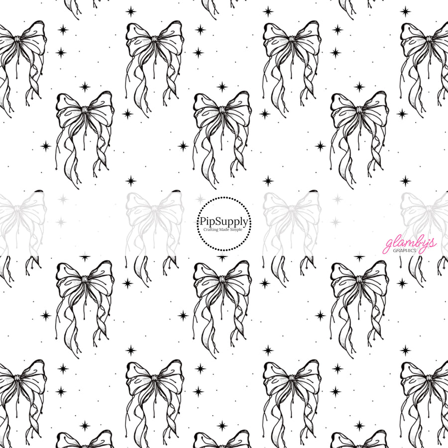 This holiday fabric by the yard features black star bows. This festive pattern fabric can be used for all your sewing and crafting needs!