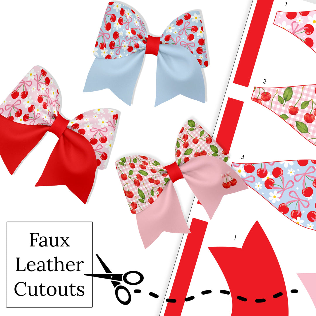 These spring fruit themed layered faux leather bows with cherries, flowers, and gingham pattern are ready to cut and assemble for many craft projects. These patterned cutouts can be used to make a hair bow, headband, banner, photo props, scrapbook, party or classroom decorations, bulletin board trim or anything creative! You will receive one faux leather sheet with varying quantities of cutouts based on your selections.