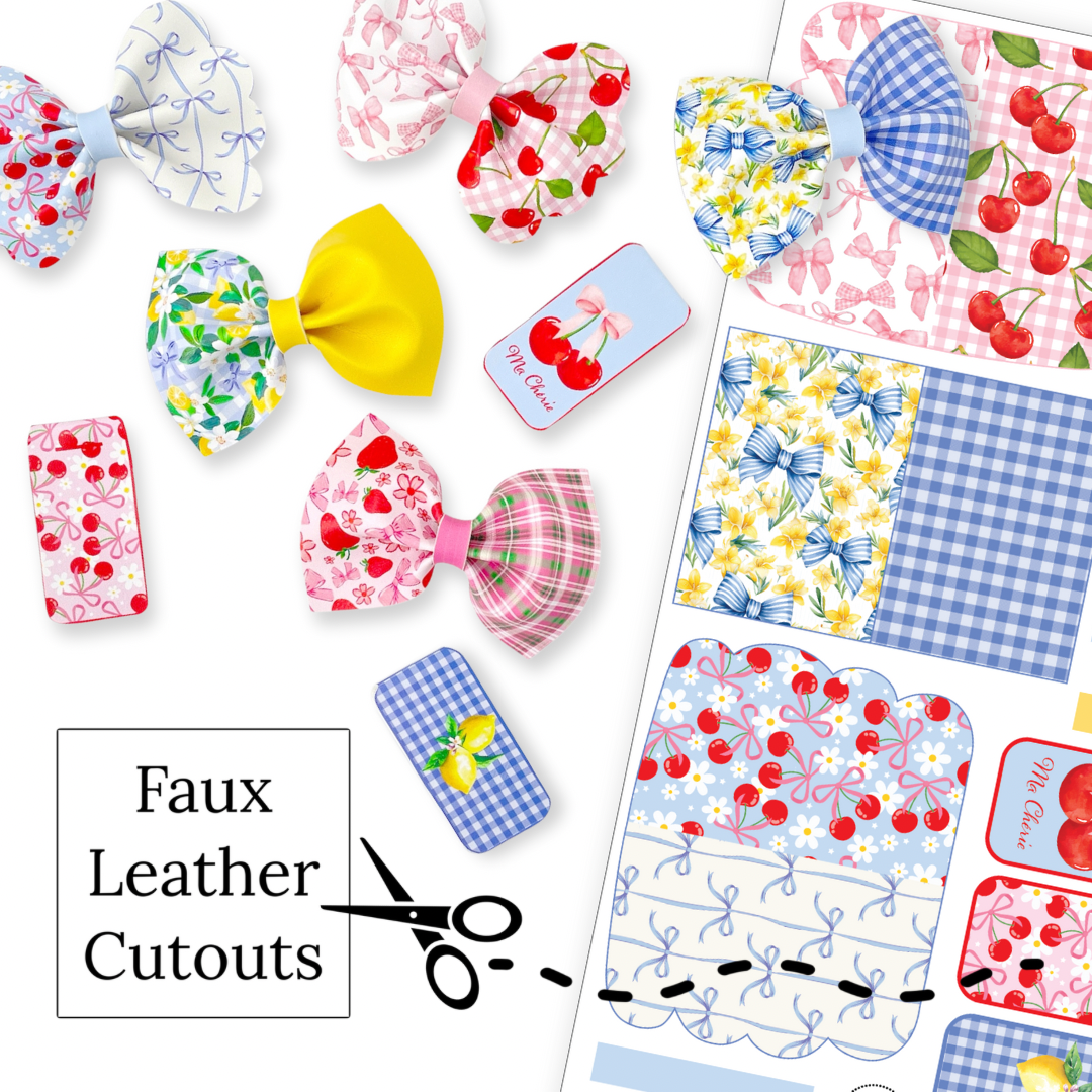 These fun spring themed faux leather bows with cherries, flowers, and bows are ready to cut and assemble for many craft projects. These patterned cutouts can be used to make a hair bow, headband, banner, photo props, scrapbook, party or classroom decorations, bulletin board trim or anything creative!