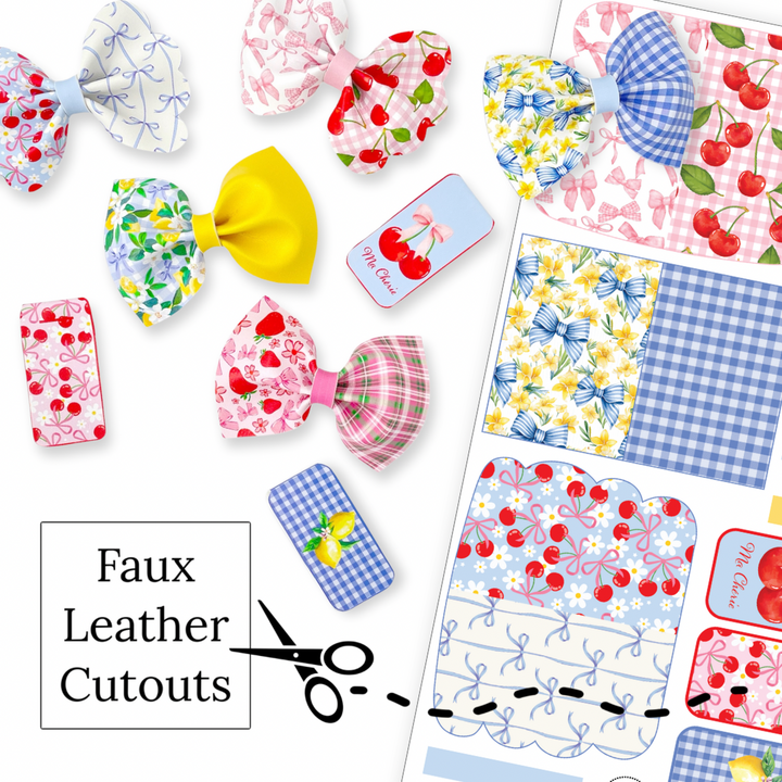 These fun spring themed faux leather bows with cherries, flowers, and bows are ready to cut and assemble for many craft projects. These patterned cutouts can be used to make a hair bow, headband, banner, photo props, scrapbook, party or classroom decorations, bulletin board trim or anything creative!