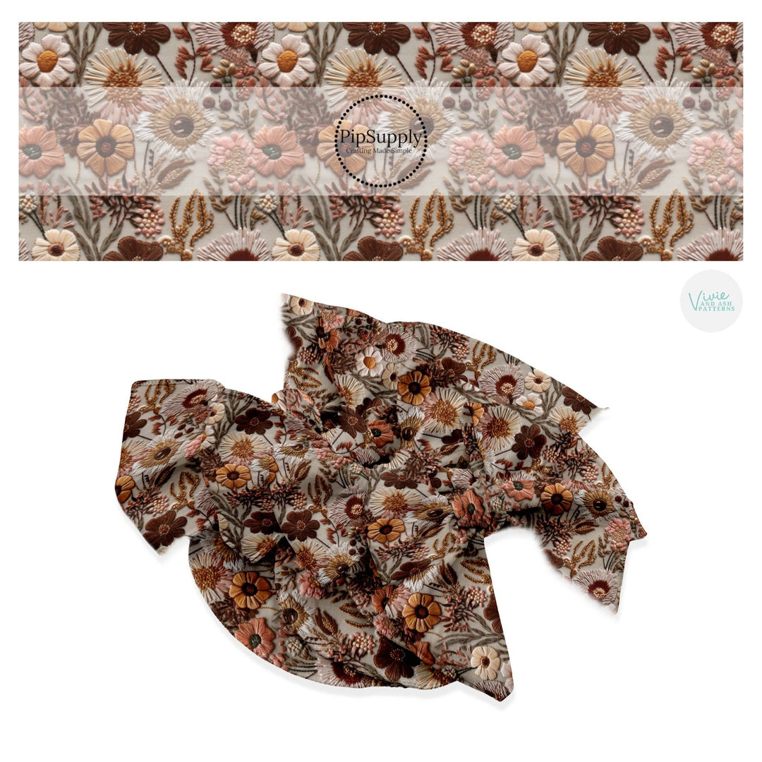 Autumnal Flowers Neutrals Embroidered Hair Bow Strips