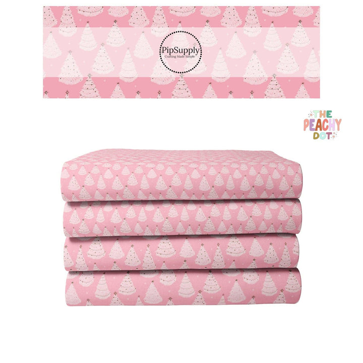 Christmas Fabric By The Yard | Festive Trees on Pink | Pastel Snowy Forest
