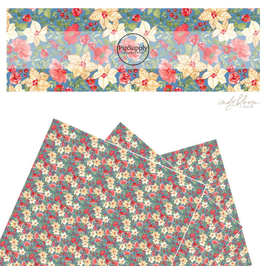 Blue Watercolor Christmas Floral Faux Leather Sheets