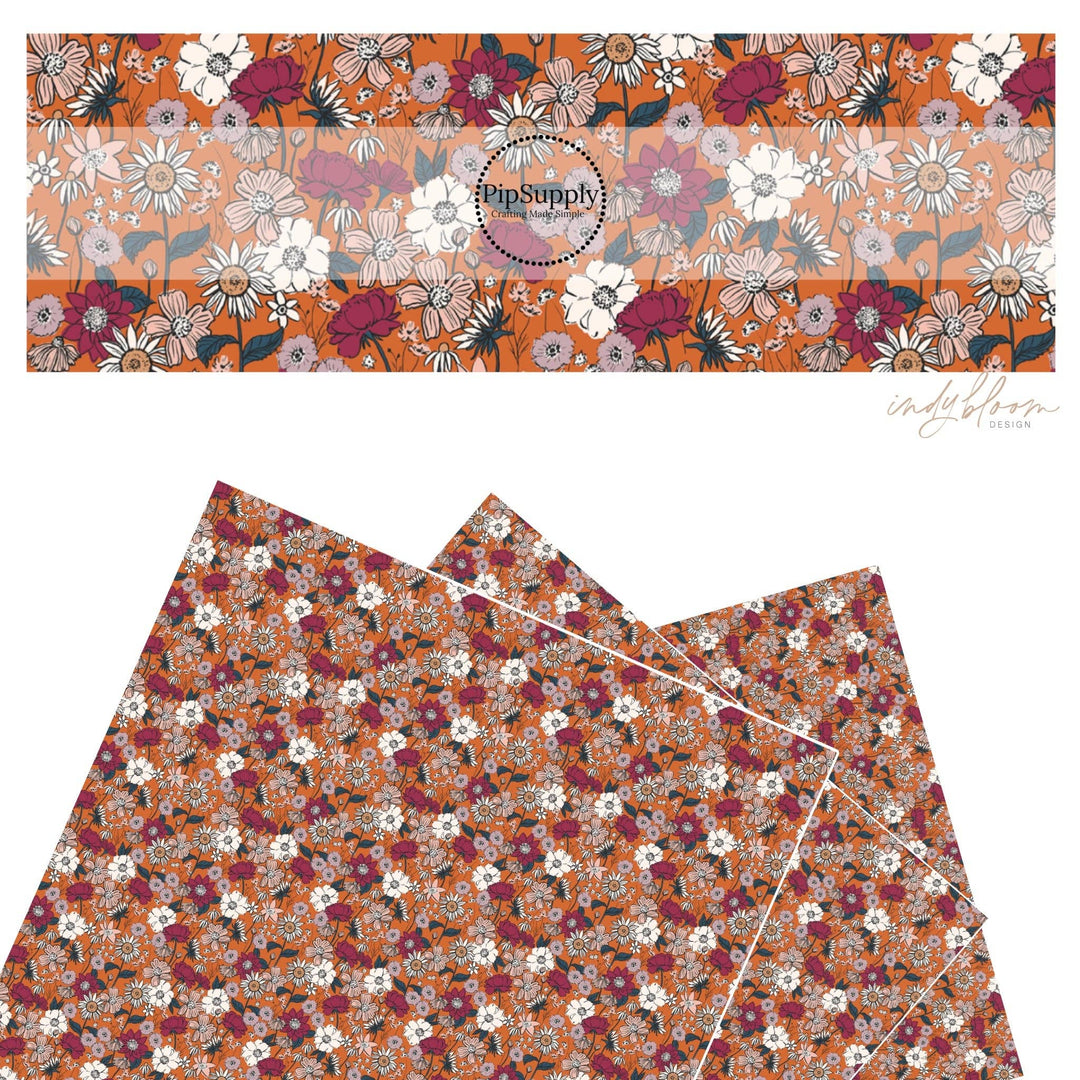 Autumnal Floral Fields on Pumpkin Faux Leather Sheets