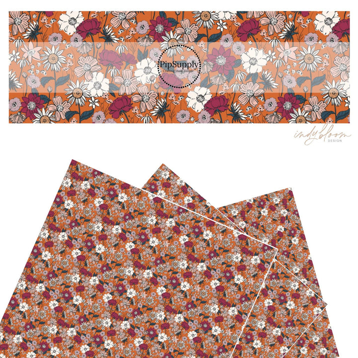 Autumnal Floral Fields on Pumpkin Faux Leather Sheets