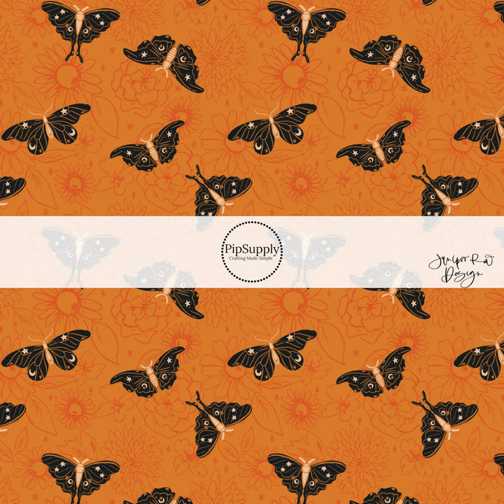 Celestial Moths on Orange Floral Hair Bow Strips