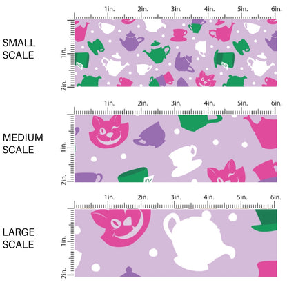 This scale chart of small scale, medium scale, and large scale of this magical childhood adventure inspired fabric by the yard features the following design: tea party with tea cups and tea pots on purple. This fun themed fabric can be used for all your sewing and crafting needs!