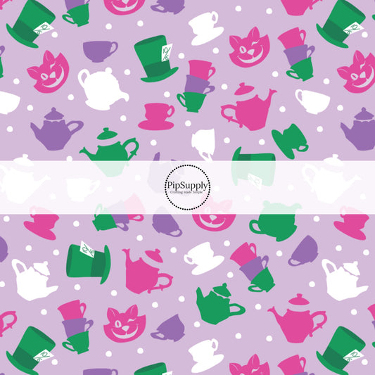 This magical childhood adventure inspired fabric by the yard features the following design: tea party with tea cups and tea pots on purple. This fun themed fabric can be used for all your sewing and crafting needs!
