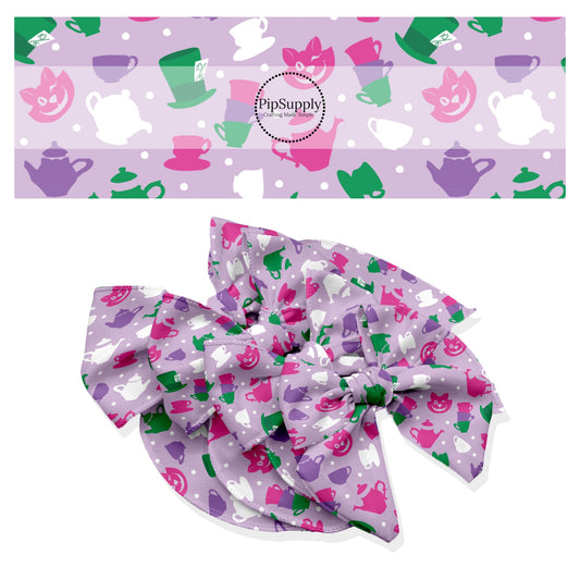 These magical childhood adventure inspired themed no sew bow strips can be easily tied and attached to a clip for a finished hair bow. These fun themed patterned bow strips are great for personal use or to sell. These bow strips feature the following tea party with tea cups and tea pots on purple.