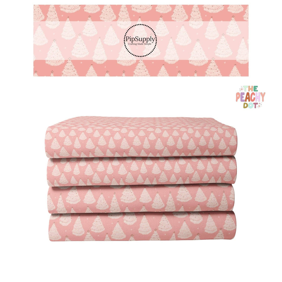 Christmas Fabric By The Yard | Festive Trees on Coral | Pastel Snowy Forest