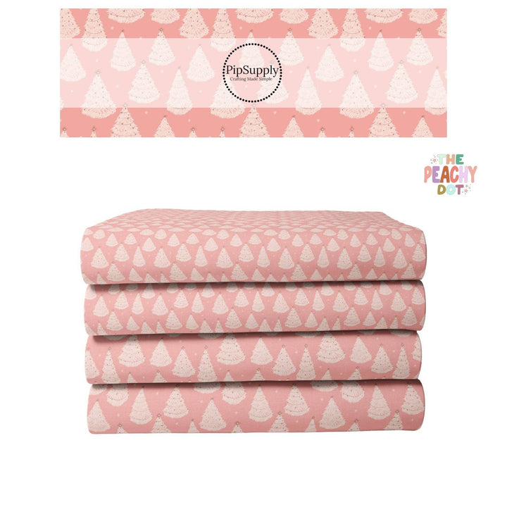 Christmas Fabric By The Yard | Festive Trees on Coral | Pastel Snowy Forest