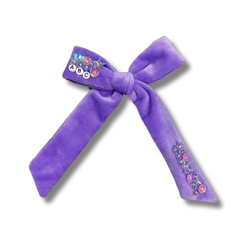 School Velvet Multi Sequin Long Tail Hair Bow - TIED w/Clip -READY TO SHIP