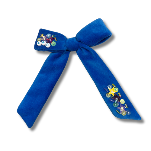 School Velvet Multi Sequin Long Tail Hair Bow - TIED w/Clip -READY TO SHIP
