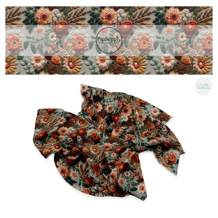 Autumnal Flowers Orange Embroidered Hair Bow Strips