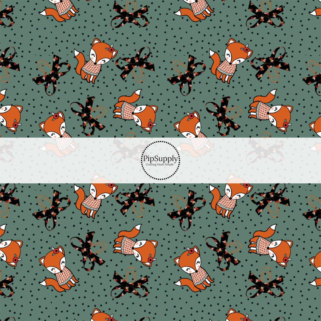 Bows, Dots, and Foxes on Teal Fabric By The Yard