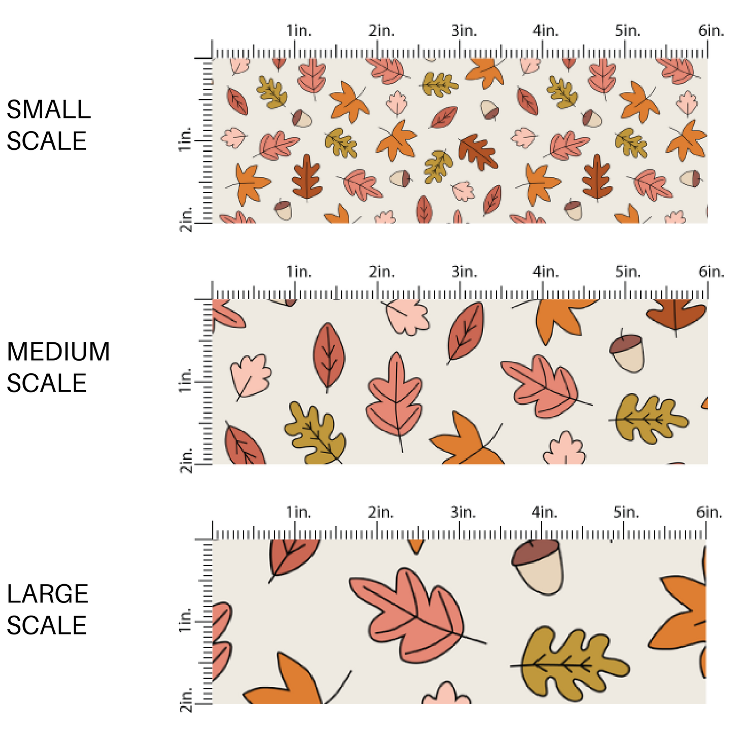 This scale chart of small scale, medium scale, and large scale of these fall themed cream fabric by the yard features fall leaves and acorns on cream. This fun fall themed fabric can be used for all your sewing and crafting needs!