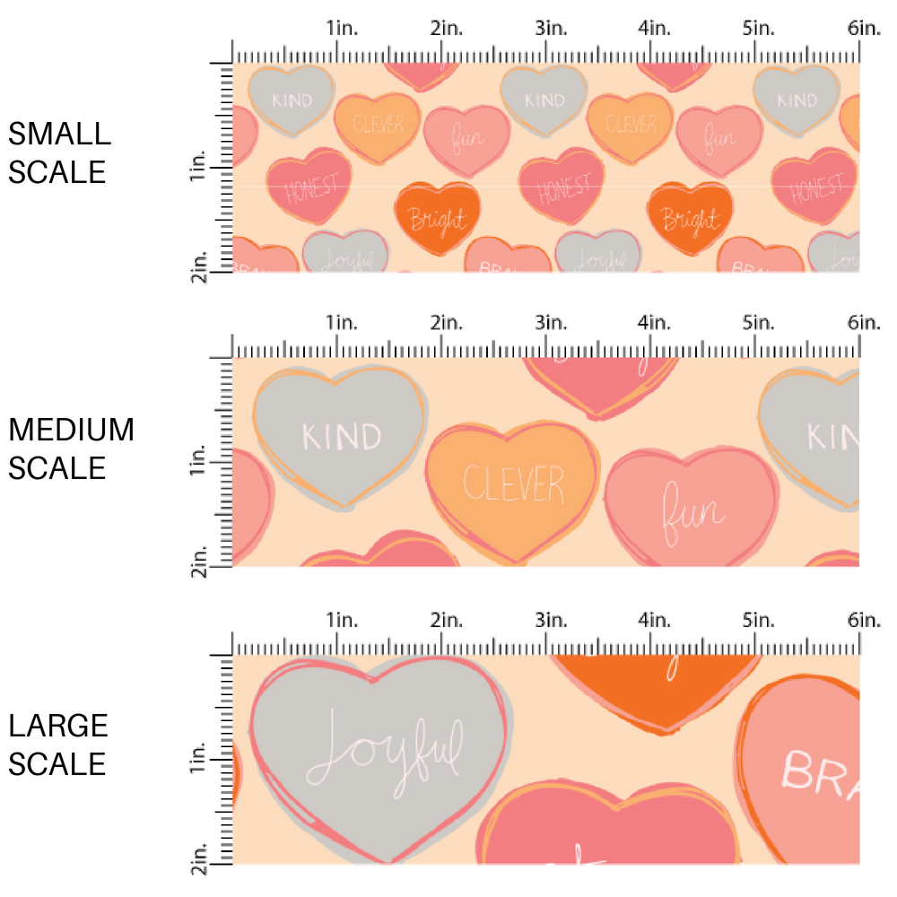 This scale chart of small scale, medium scale, and large scale of these Valentine's pattern themed fabric by the yard features pastel colored affirmation conversation hearts on cream. This fun Valentine's Day fabric can be used for all your sewing and crafting needs!