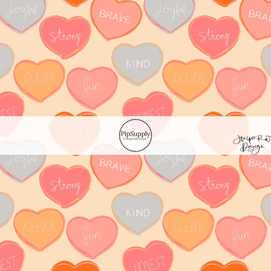 These Valentine's pattern themed fabric by the yard features pastel colored affirmation conversation hearts on cream. This fun Valentine's Day fabric can be used for all your sewing and crafting needs!