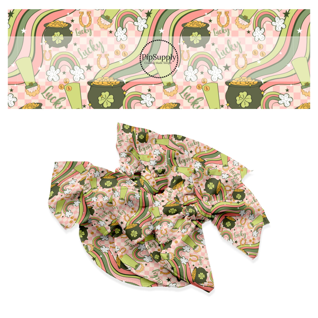 These St. Patrick's Day pattern themed no sew bow strips can be easily tied and attached to a clip for a finished hair bow. These patterned bow strips are great for personal use or to sell. These bow strips features lucky leprechauns, rainbows, and pots of gold on pink and cream checkered pattern.