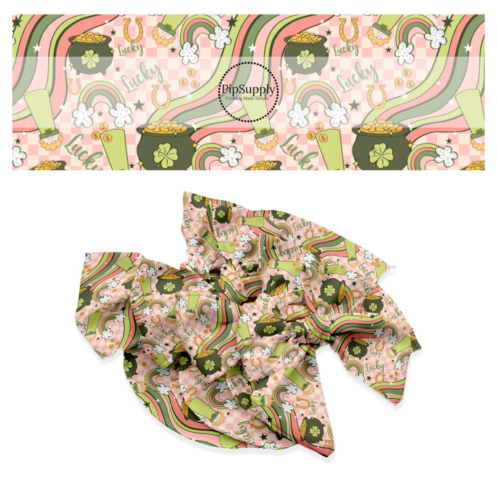 These St. Patrick's Day pattern themed no sew bow strips can be easily tied and attached to a clip for a finished hair bow. These patterned bow strips are great for personal use or to sell. These bow strips features lucky leprechauns, rainbows, and pots of gold on pink and cream checkered pattern.