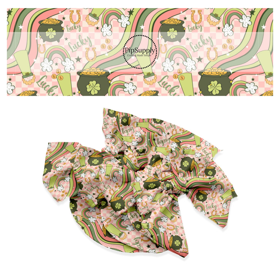 These St. Patrick's Day pattern themed no sew bow strips can be easily tied and attached to a clip for a finished hair bow. These patterned bow strips are great for personal use or to sell. These bow strips features lucky leprechauns, rainbows, and pots of gold on pink and cream checkered pattern.