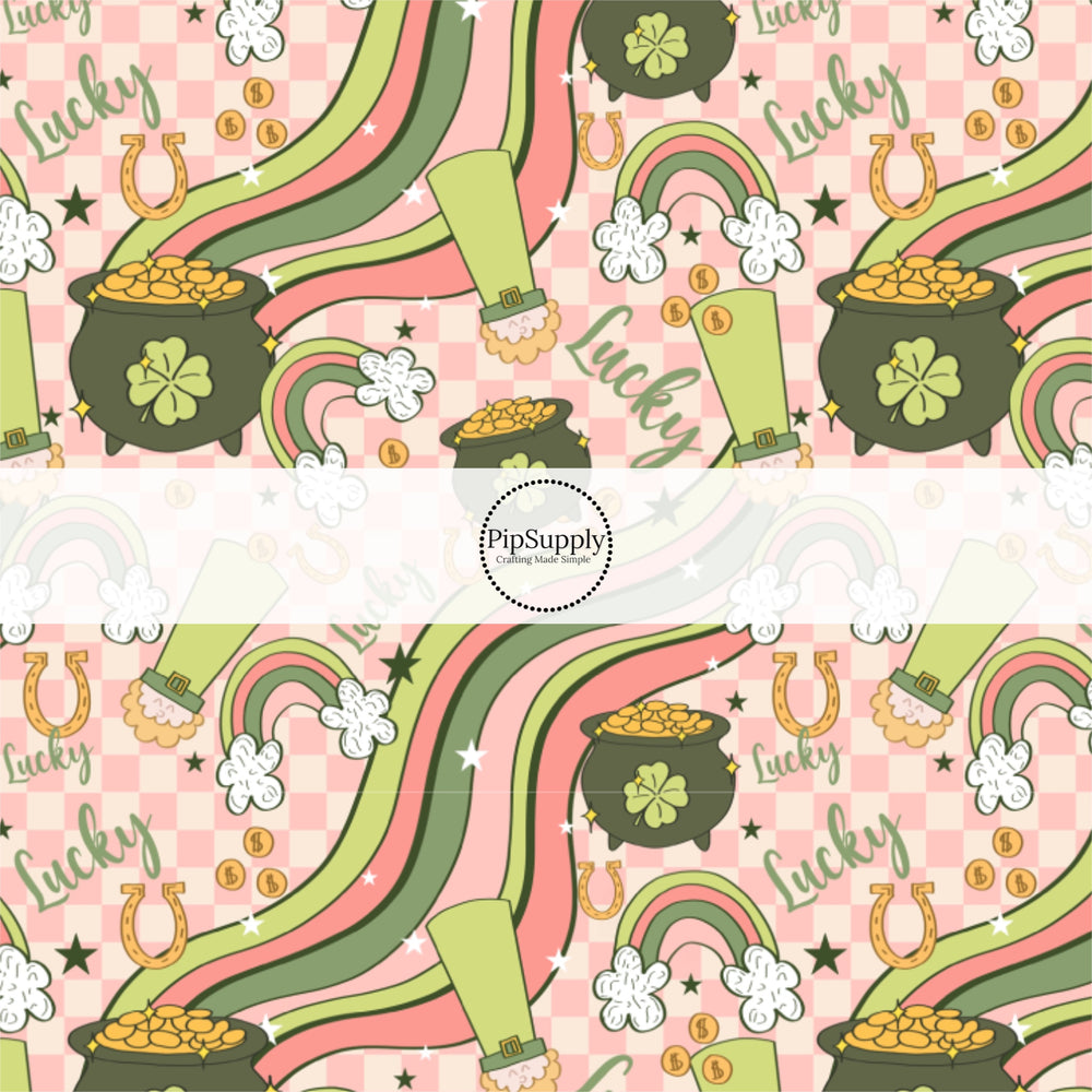 These St. Patrick's Day pattern themed no sew bow strips can be easily tied and attached to a clip for a finished hair bow. These patterned bow strips are great for personal use or to sell. These bow strips features lucky leprechauns, rainbows, and pots of gold on pink and cream checkered pattern.
