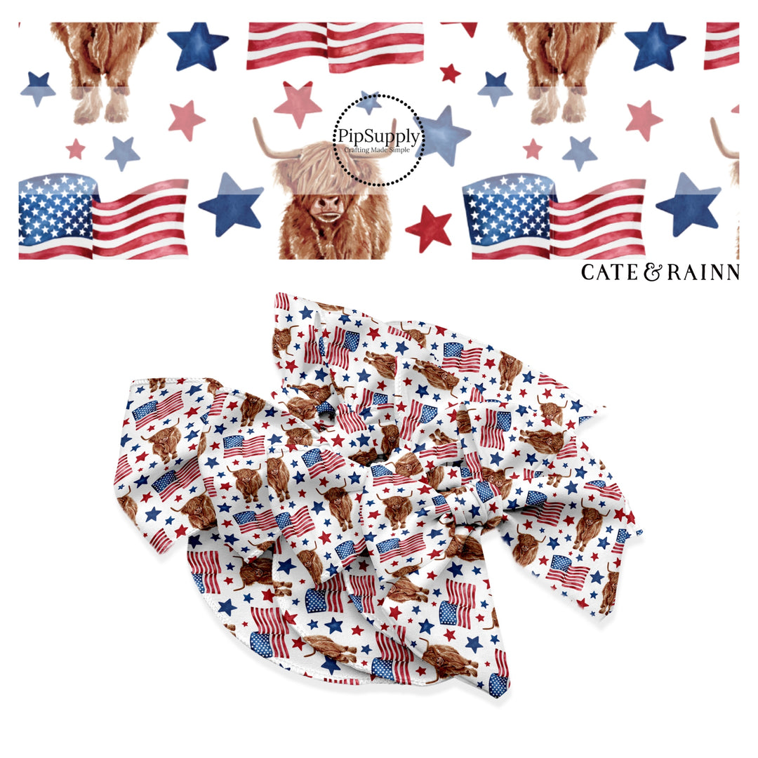 These patriotic themed no sew bow strips can be easily tied and attached to a clip for a finished hair bow. These patterned bow strips are great for personal use or to sell. These bow strips features highland cows surrounded by American flags along with red and blue stars.