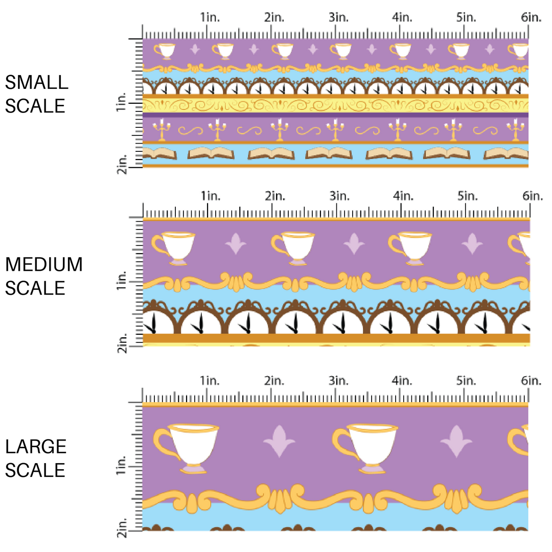 Purple, yellow, and blue striped fabric by the yard scaled image guide with candles, tea cups, and roses.