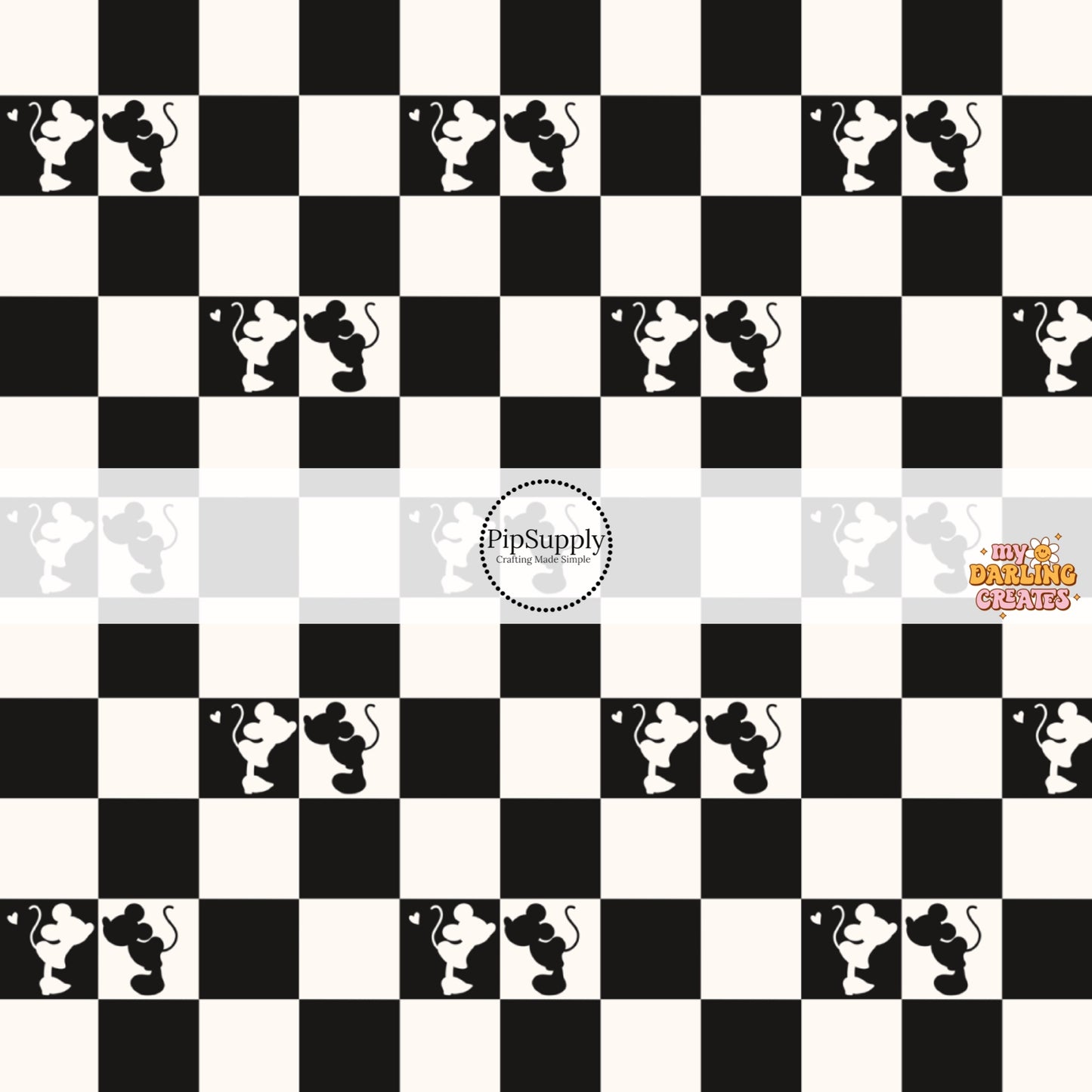 Mouse Kisses on Black and White Checker Print Fabric by the Yard.