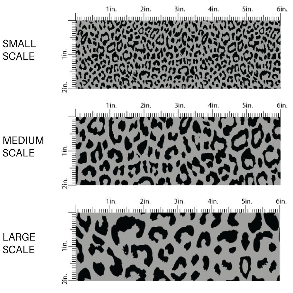 This scale chart of small scale, medium scale, and large scale of this classic leopard pattern themed fabric by the yard features charcoal colored leopard print. This fun Valentine's Day themed fabric can be used for all your sewing and crafting needs!
