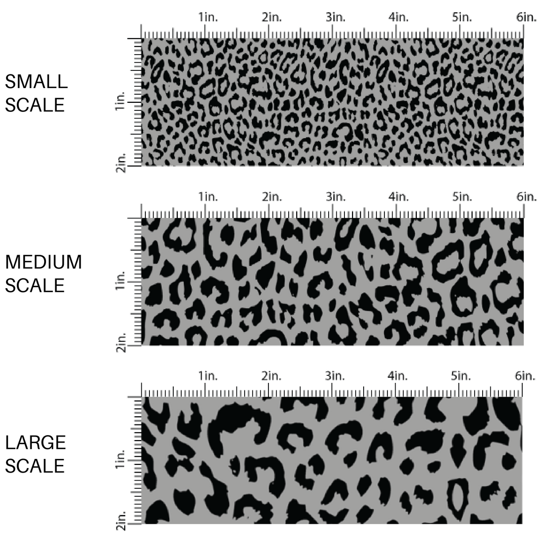 This scale chart of small scale, medium scale, and large scale of this classic leopard pattern themed fabric by the yard features charcoal colored leopard print. This fun Valentine's Day themed fabric can be used for all your sewing and crafting needs!