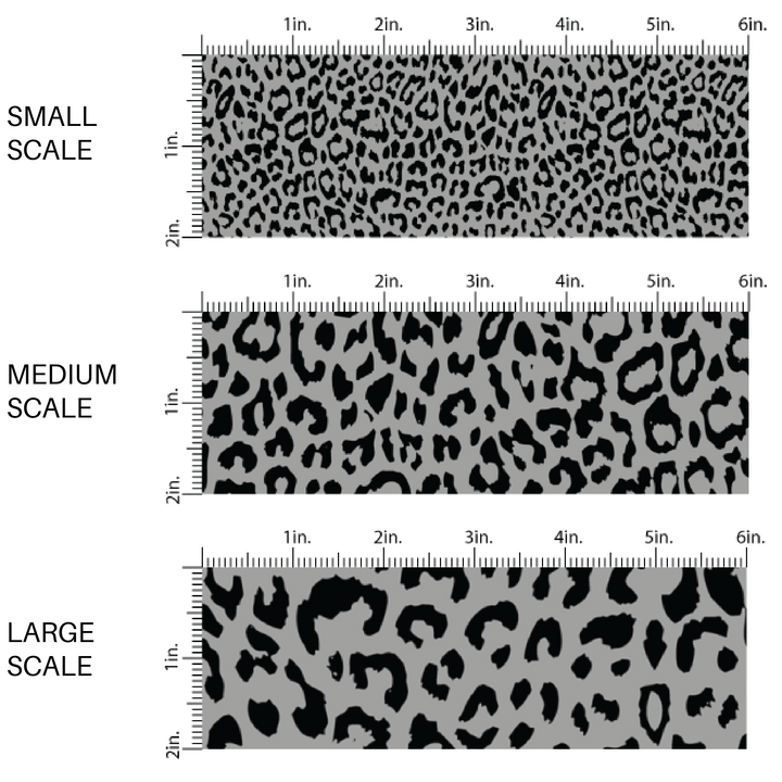 This scale chart of small scale, medium scale, and large scale of this classic leopard pattern themed fabric by the yard features charcoal colored leopard print. This fun Valentine's Day themed fabric can be used for all your sewing and crafting needs!