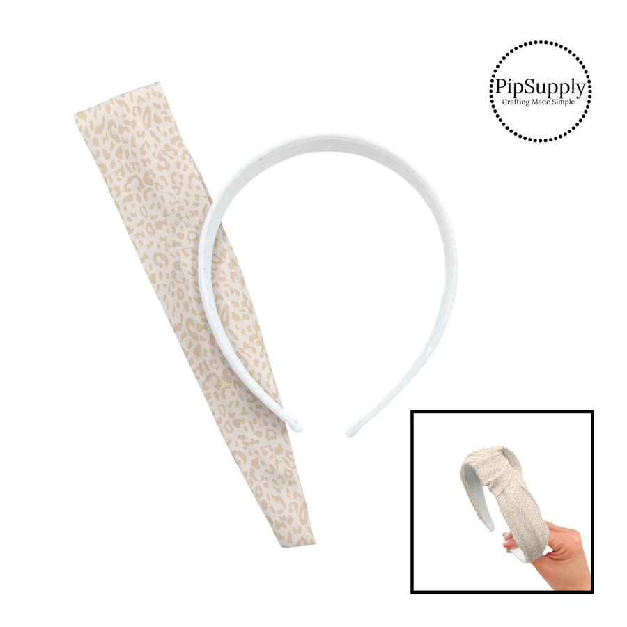 These classic leopard patterned headband kits are easy to assemble and come with everything you need to make your own knotted headband. These Valentine's Day kits include a custom printed and sewn fabric strip and a coordinating velvet headband. This headband pattern features cream colored leopard print.
