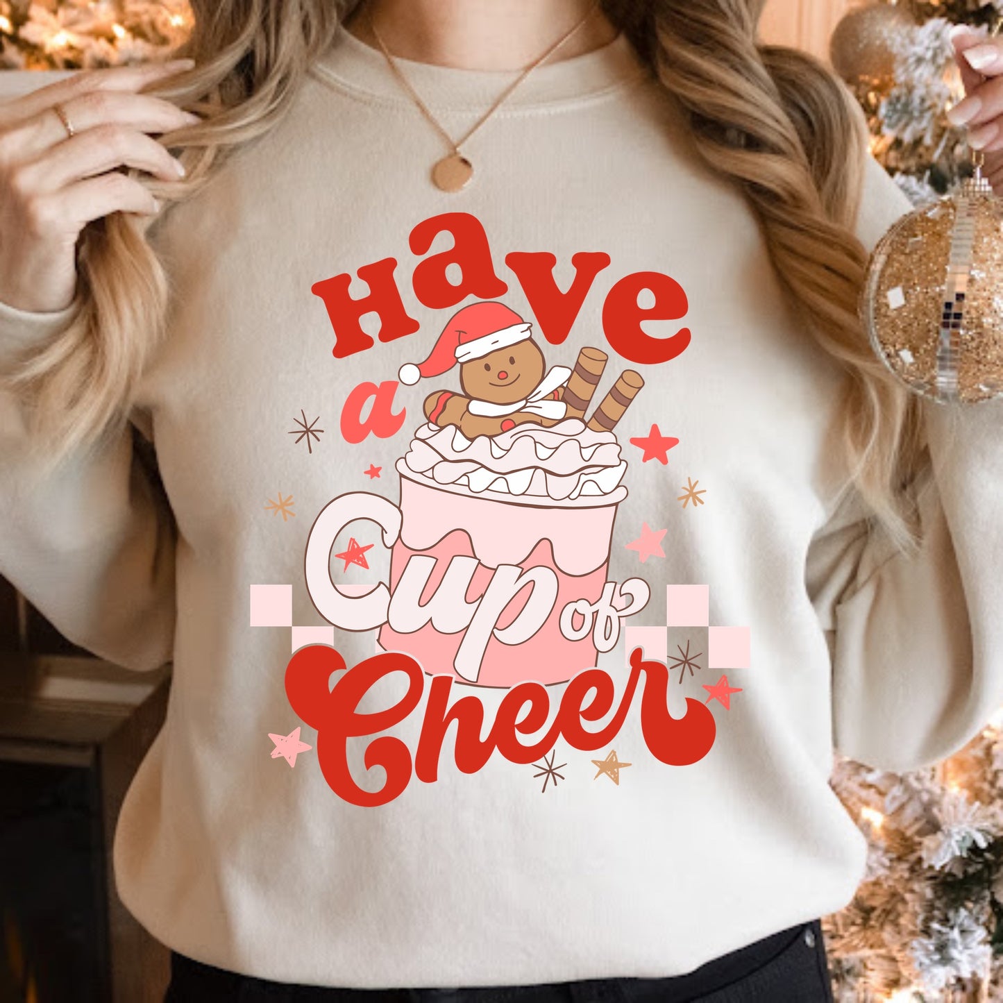 Pink and red gingerbread and hot chocolate Christmas iron on heat transfer.