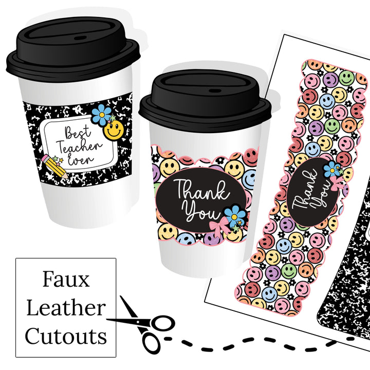 Smiley face and composition book faux leather teachers appreciation cup holder sleeves set of two.