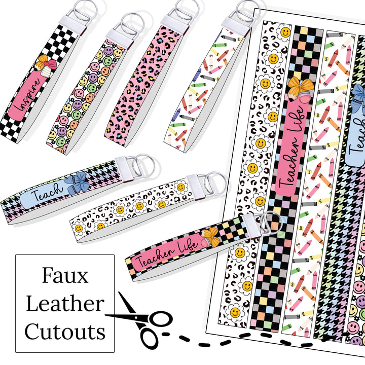 Teachers appreciation DIY faux leather keychain wristlets with customizable text.