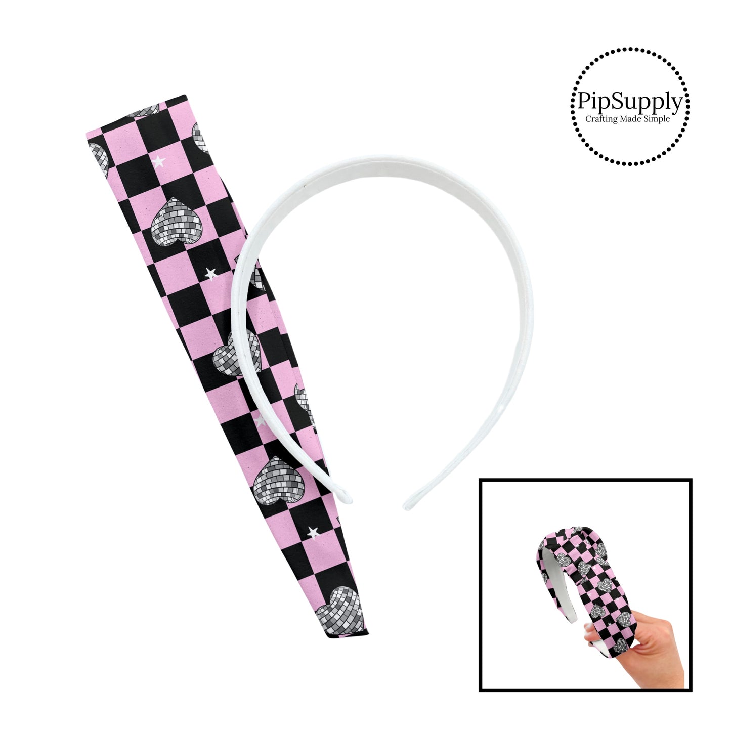 These checker pattern headband kits are easy to assemble and come with everything you need to make your own knotted headband. These headband kits include a custom printed and sewn fabric strip and a coordinating velvet headband. The headbands features light pink and black checker pattern with disco hearts.