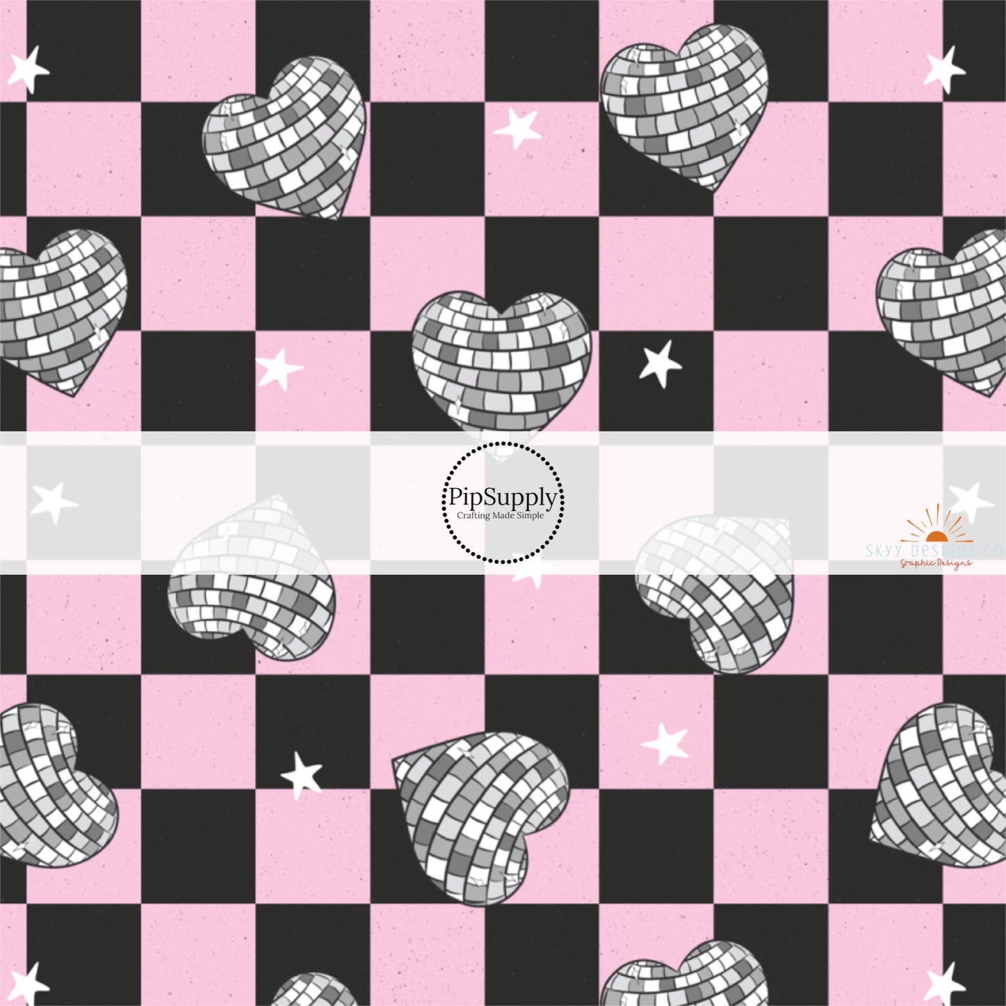These checker pattern headband kits are easy to assemble and come with everything you need to make your own knotted headband. These headband kits include a custom printed and sewn fabric strip and a coordinating velvet headband. The headbands features light pink and black checker pattern with disco hearts.