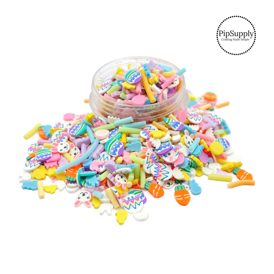 This pastel multi colored clay slices mix is versatile for many craft projects. This Easter mix has clay slices of decorated Easter eggs, bunnies, carrots, baby chicks, and flowers. You can use it to add sparkle and decoration to resin projects, filling for shaker bows, slime making, party decor, scrapbooking, card making and nail art.