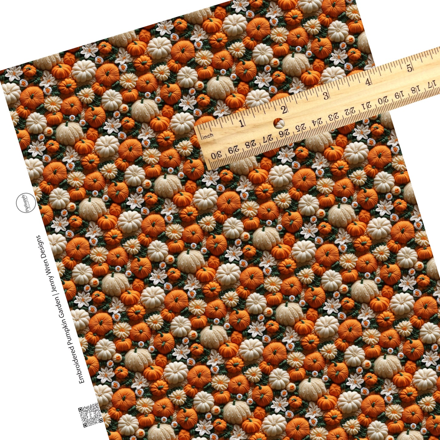 These holiday sewn pattern themed faux leather sheets contain the following design elements: orange and cream pumpkins on cream. Our CPSIA compliant faux leather sheets or rolls can be used for all types of crafting projects.
