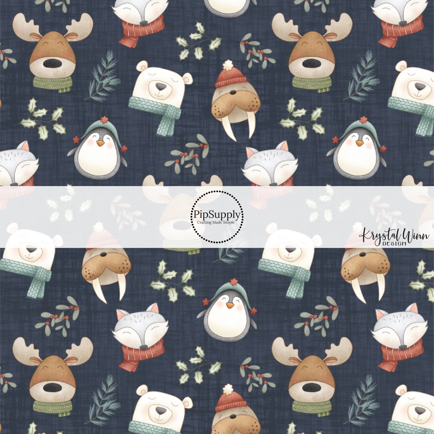 These holiday pattern themed no sew bow strips can be easily tied and attached to a clip for a finished hair bow. These Christmas bow strips are great for personal use or to sell. The bow strips features woodland animals with scarves and hats on dark blue.